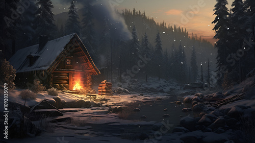 A cozy cabin in the woods with a fireplace and a warm glow
