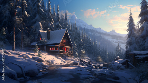 A cozy cabin in the woods with a fireplace and a warm glow
