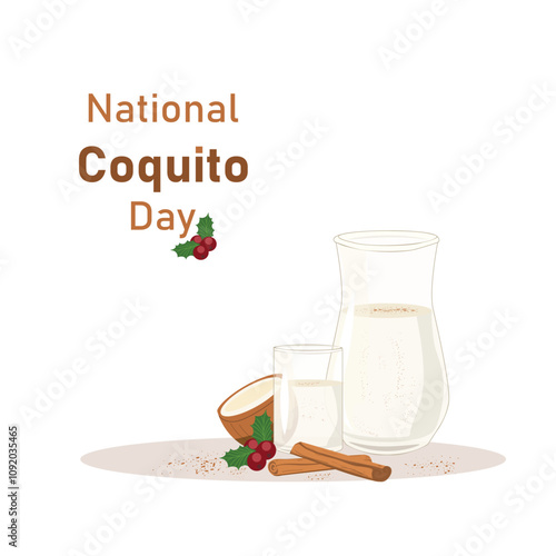 National Coquito Day. A glass of creamy coquito with a cinnamon stick, and a milk carafe. Spices are scattered in front. Flat style