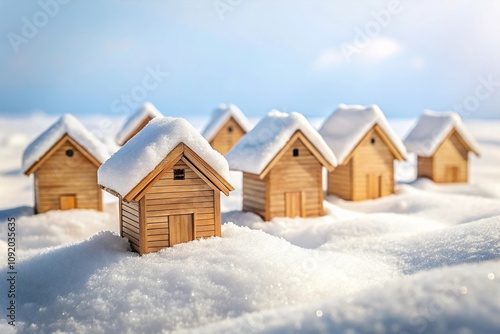 Winter scene with row of wooden houses buried in snow