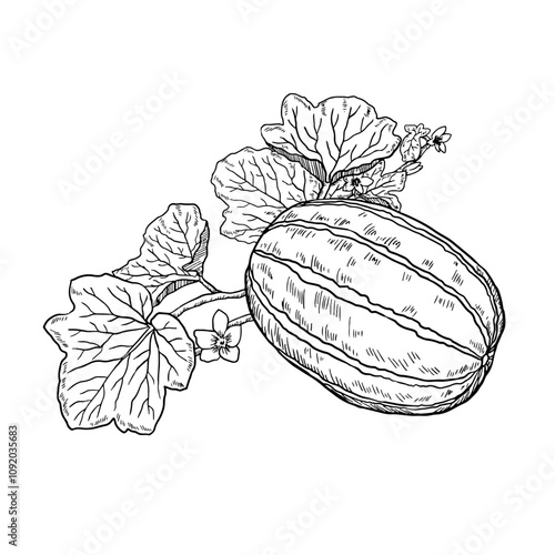 Oriental Melon Chamoe. Korean melon vintage illustration.
