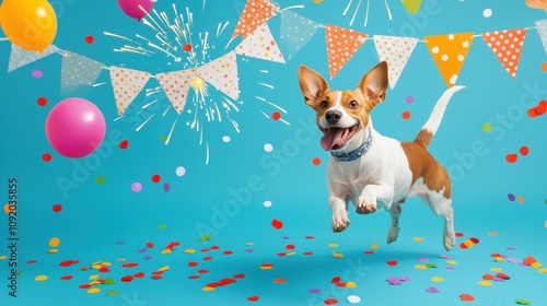 Fototapeta Naklejka Na Ścianę i Meble -  cute animals wearing party hats and holding. A joyful dog leaps amidst colorful decorations and confetti, celebrating a festive occasion with vibrant balloons and party elements.