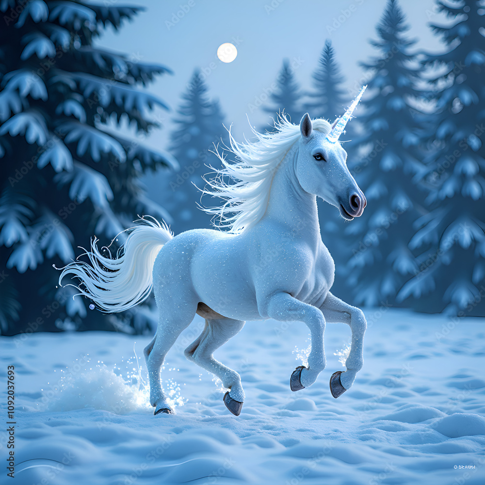 Fototapeta premium A majestic unicorn galloping through a snow covered forest under a full moon, digital art of fantasy concept.