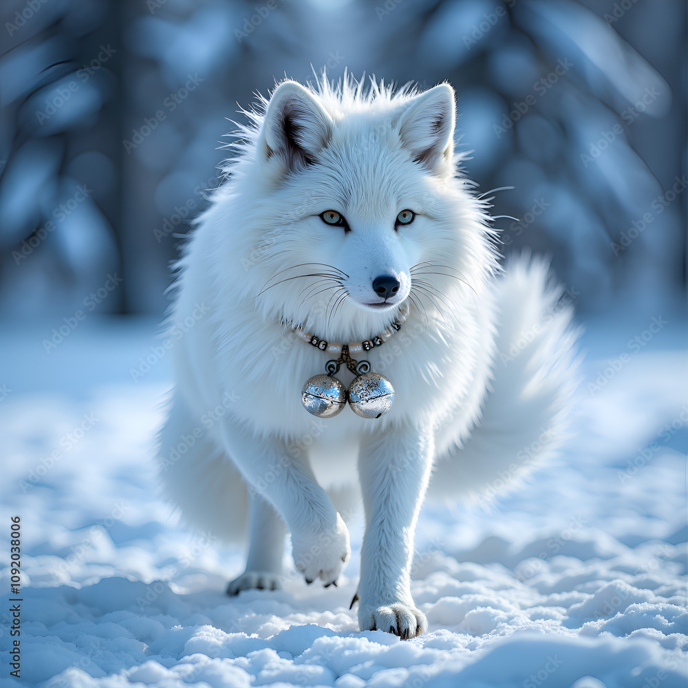 Obraz premium A majestic white wolf gracefully traverses a snowy landscape with dazzling blue tones, digital art of fantasy concept.
