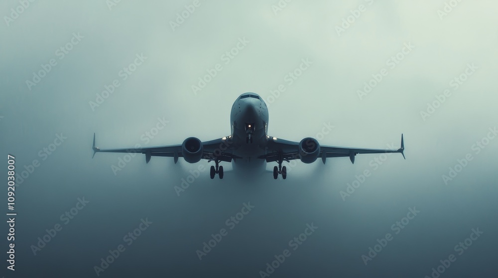 Fototapeta premium Airplane flying through dense fog in the sky.