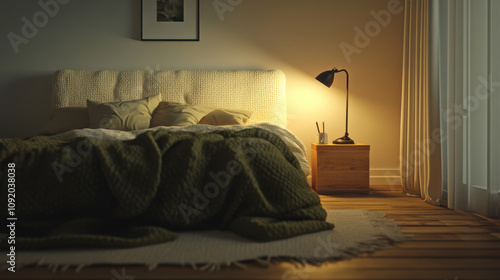 Warm minimalist bedroom with light oak floors, cream boucle headboard, and olive green coverlet creates cozy atmosphere.