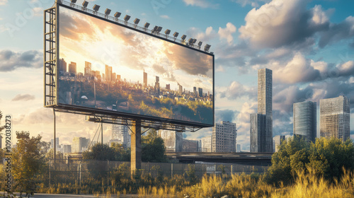 Urban scene featuring large programmatic billboard showcasing vibrant city skyline at sunset, blending business style