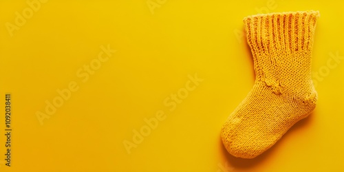 A detailed image of a chunky knit sock, placed on the right side, standing out against a bright yellow panoramic background.