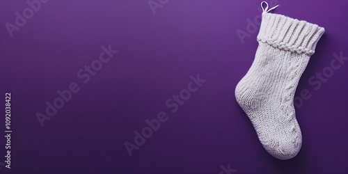 Cable knit stocking web banner. Cable knit stocking isolated on purple background with copy space.
