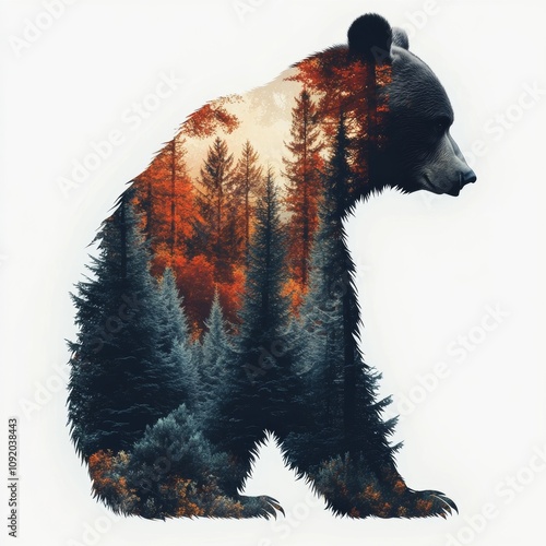 Bear silhouette with forest landscape inside. photo