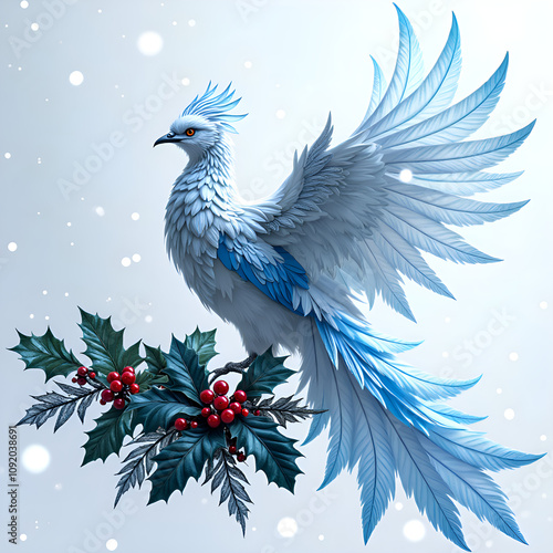 Majestic icebird perched elegantly on holly branches in a winter wonderland setting, digital art of fantasy concept. photo