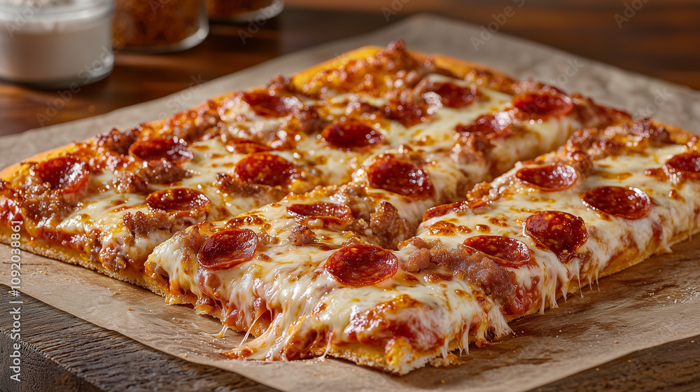 cheesy pepperoni pizza with a succulent layer of tomato sauce on a rustic wooden table cheesy pepperoni pizza with a succulent layer of tomato sauce on a rustic wooden table