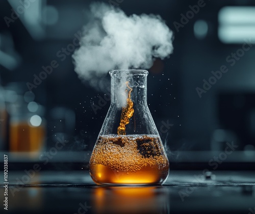 Bubbling flask with steam and liquid reaction photo