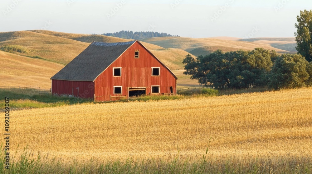 Charming red barn amidst golden fields at sunset. Charming red barn amidst golden fields at sunset.