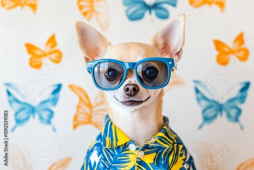 Charming dog in sunglasses and vibrant shirt. photo