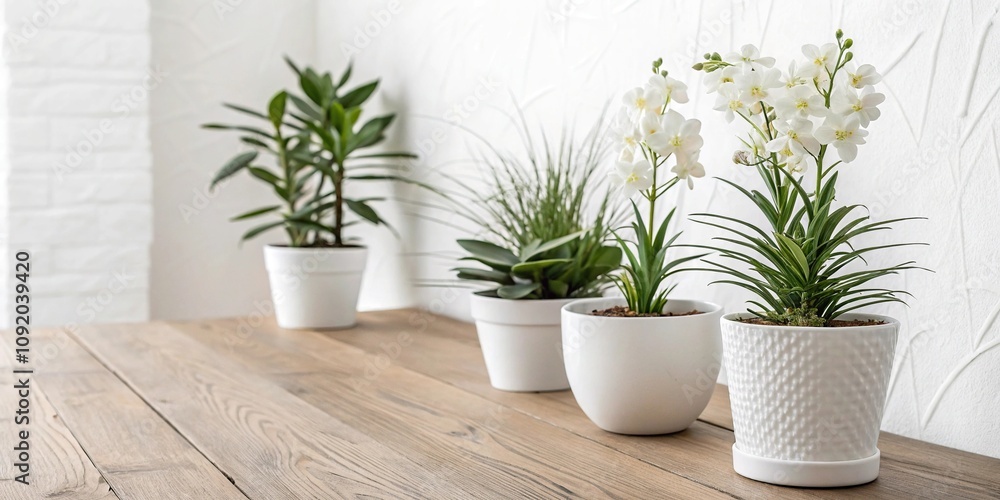 Fototapeta premium Minimalist White Potted Plants on Wooden Table, wooden table, simple design, calm atmosphere, white potted plants, minimalist decor