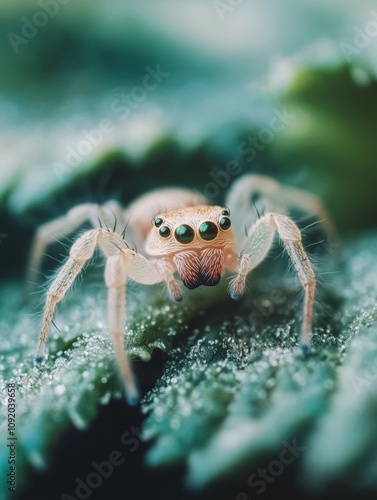 Close-up of a spider on a dew-covered leaf. photo