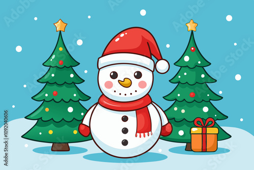 Cute snowman under a pine tree on beautiful christ mas vector illustration