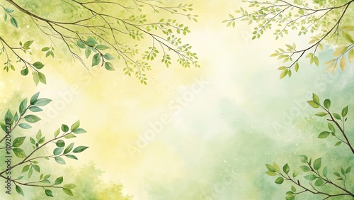 Pastel yellow and green watercolor background with subtle branches and leaves, trees, natural, spring, watercolor, leaves