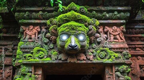 Ancient Temple with Moss-Covered Sculpture and Glowing Eyes in Mystical Jungle Setting Featuring Intricate Stone Carvings, Cultural Symbolism, and Tropical Vegetation photo