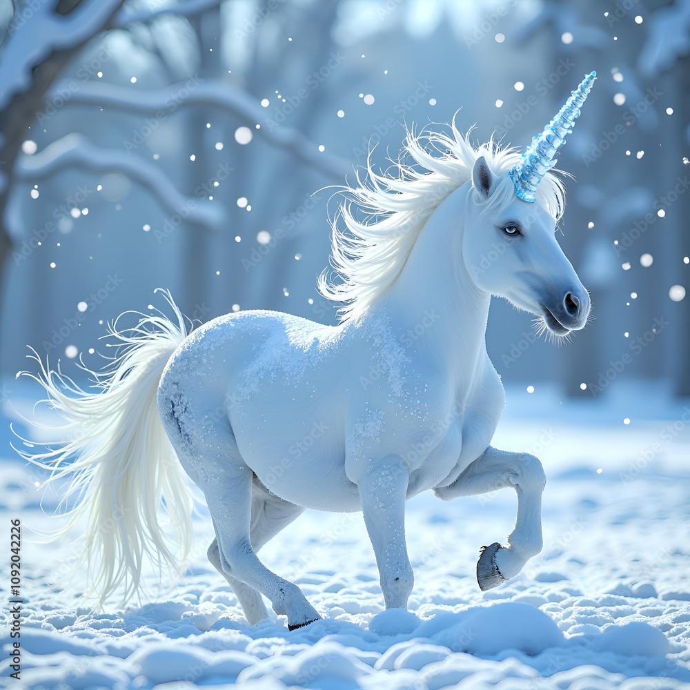 Fototapeta premium A glorious unicorn galloping through a snowy wonderland under a soft winter light, digital art of fantasy concept.