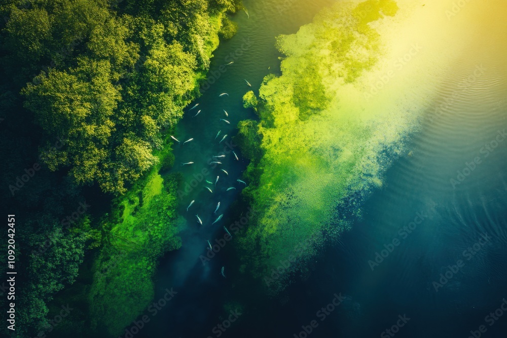 Obraz premium Aerial View of a Lush River Ecosystem at Sunrise