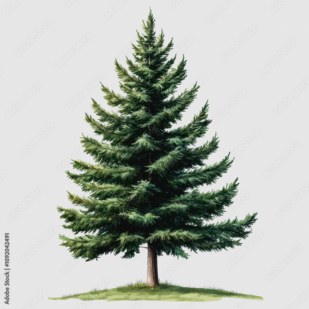 Fototapeta premium Lush Evergreen Tree Isolated on a Plain Background Showcasing Detailed Natural Green Foliage Perfect for Nature and Landscape Illustrations