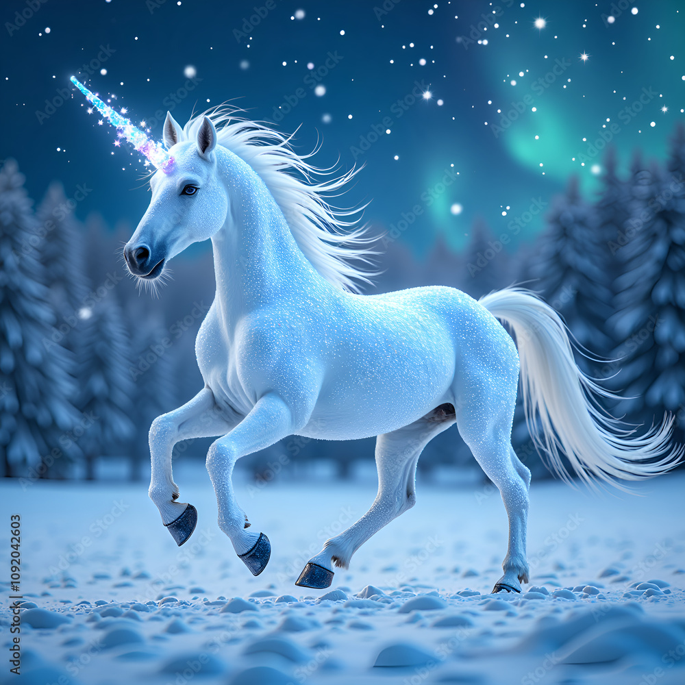 Fototapeta premium Majestic unicorn amidst a snowy landscape under magical northern lights, digital art of fantasy concept.