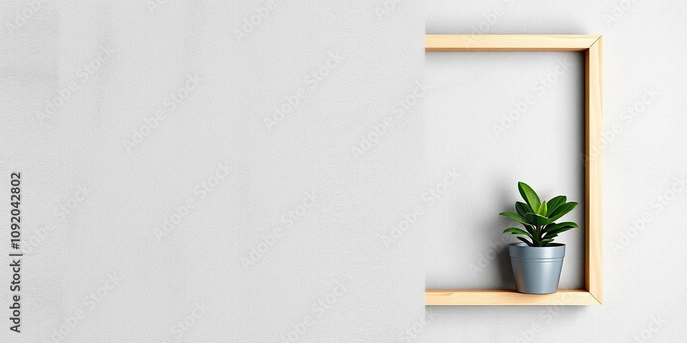 Simple wooden frame with a small potted plant on a grey textured background, grey textured surface, natural elements, greenery Simple wooden frame with a small potted plant on a grey textured background, grey textured surface, natural elements, greenery