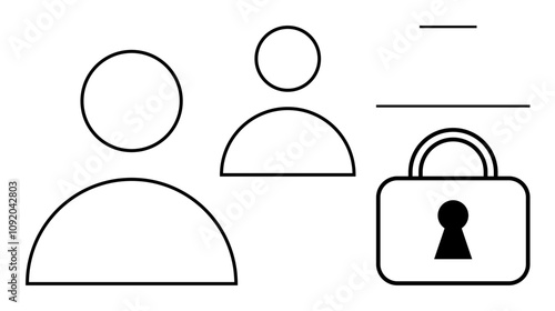 Two simplistic human icons, and a padlock symbol suggest security. Ideal for user authentication, data protection, privacy, online security, user management, digital identity and cybersecurity. Line