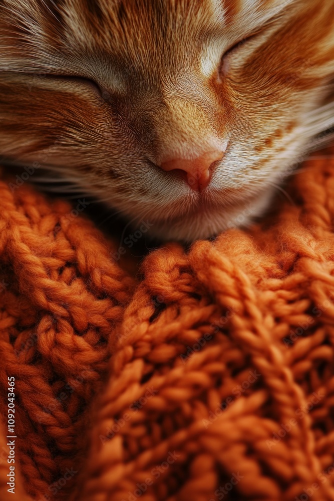 Naklejka premium Cute cat sleeping on cozy orange blanket.