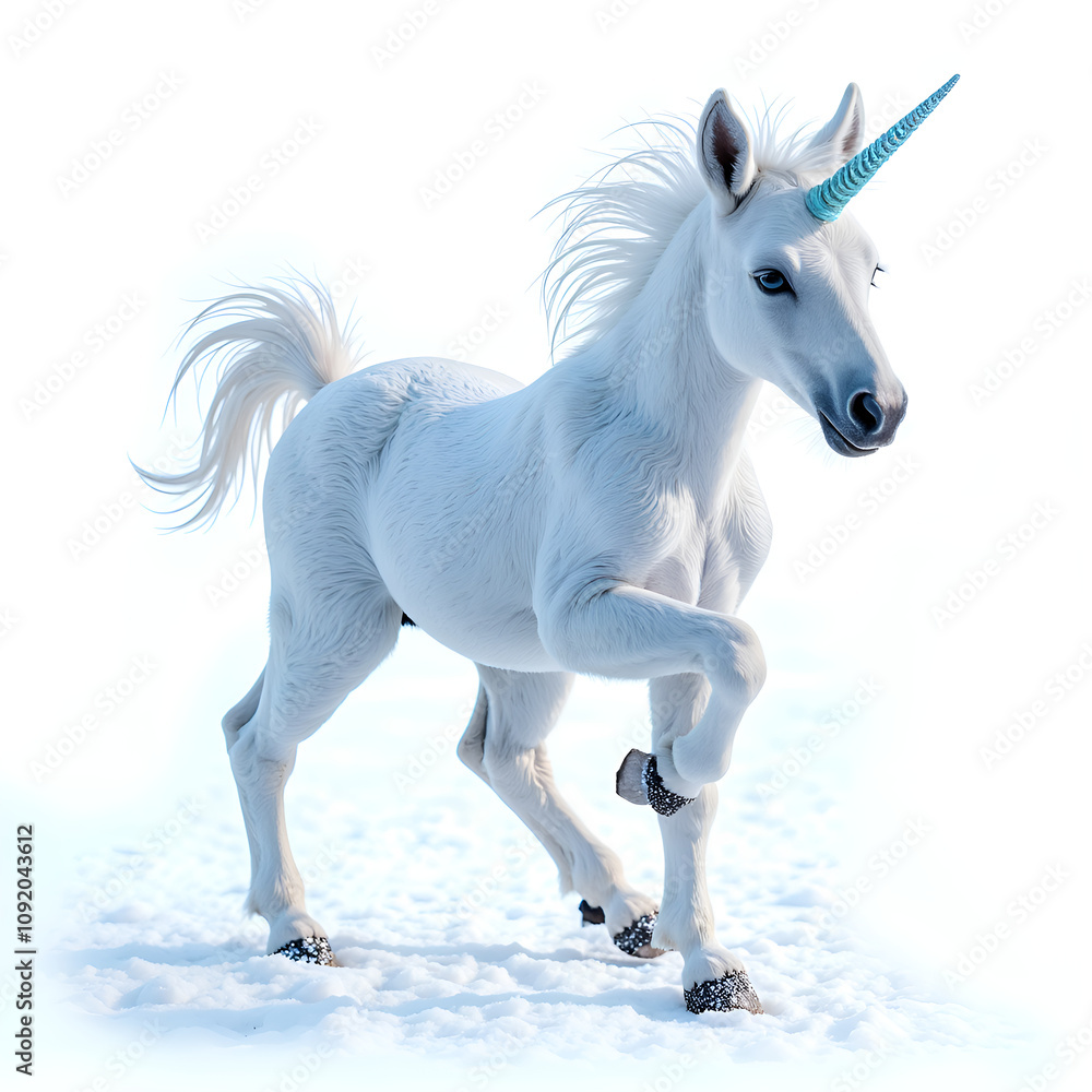 Fototapeta premium Majestic white unicorn prancing through a snowy landscape under a bright sky, 3d rendering of fantasy art concept.
