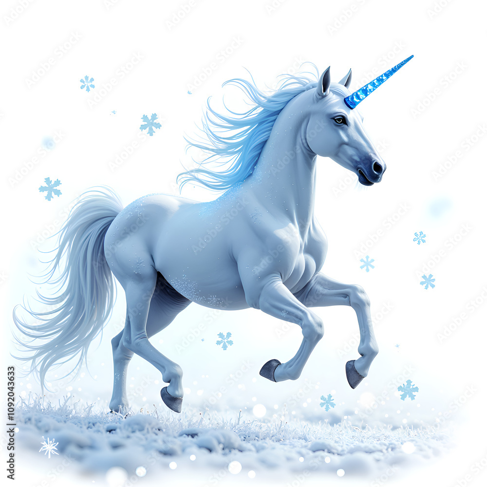 Fototapeta premium Majestic white unicorn with sparkling blue horn galloping through a winter wonderland, digital art of fantasy concept.