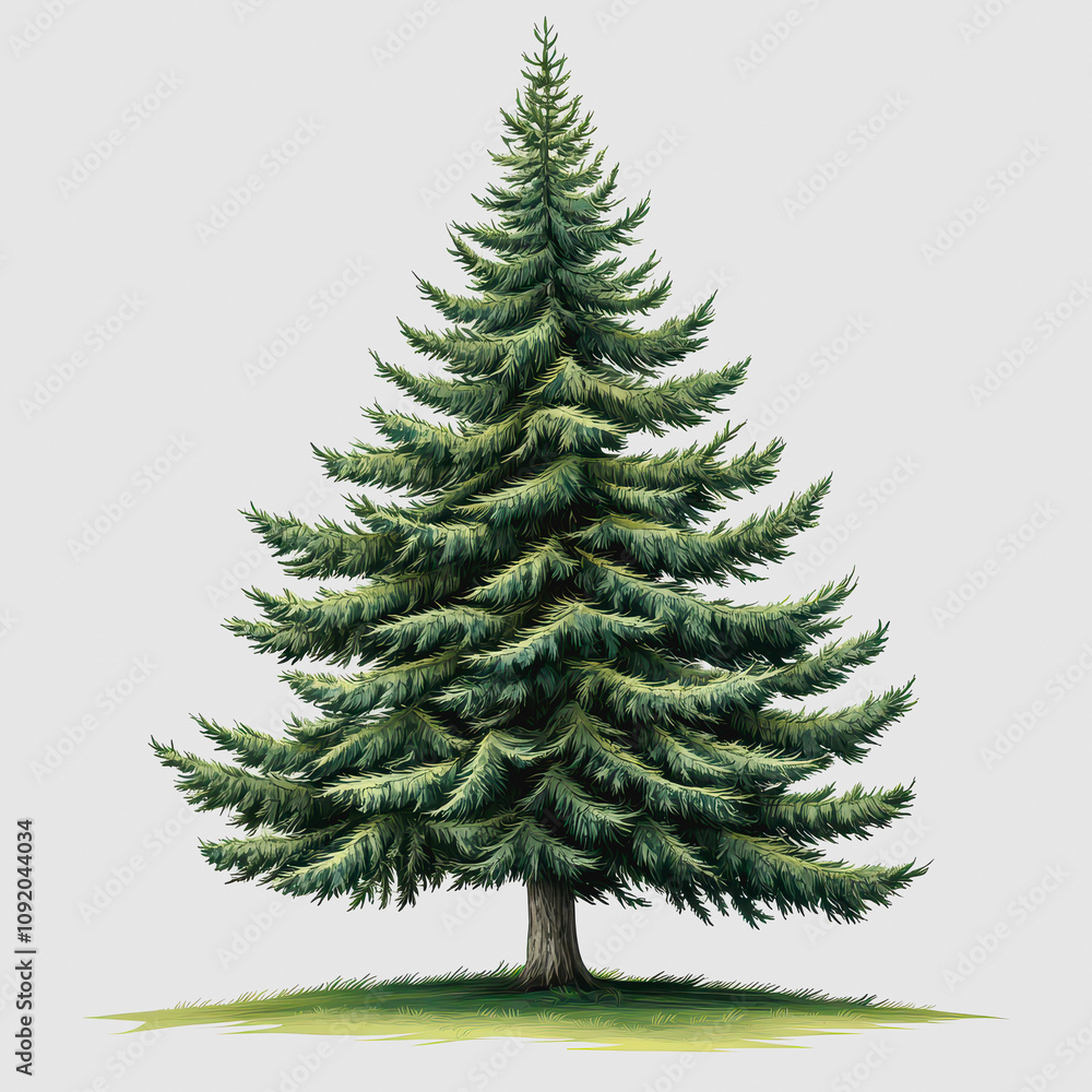Fototapeta premium Detailed and Lush Green Pine Tree Illustration on a Plain Background, Perfect for Nature Themes, Environmental Projects, and Outdoor Designs