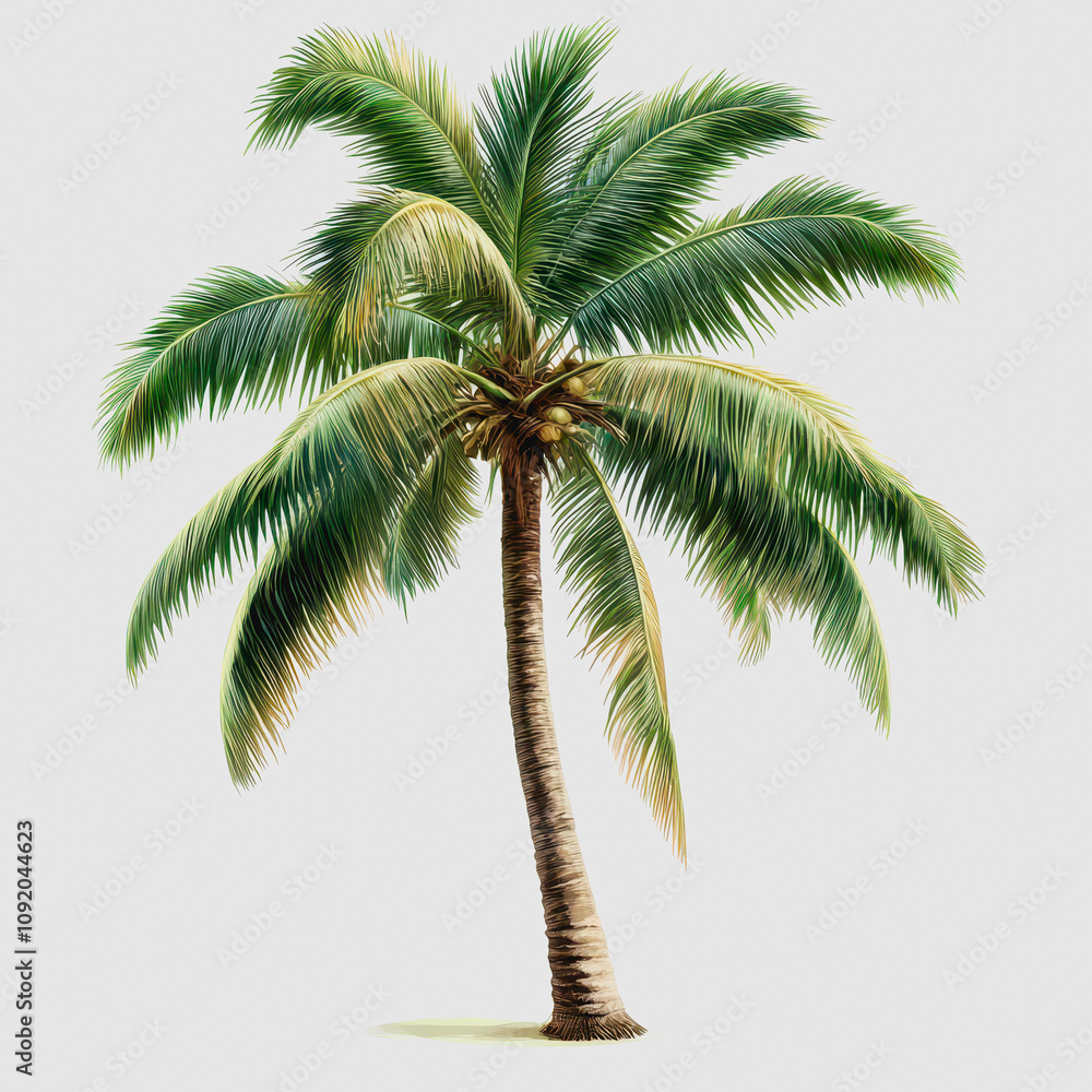 Fototapeta premium Lush Green Palm Tree Isolated on Light Gray Background Perfect for Tropical Designs and Beach-Themed Projects Representing Relaxation and Exotic Vibes