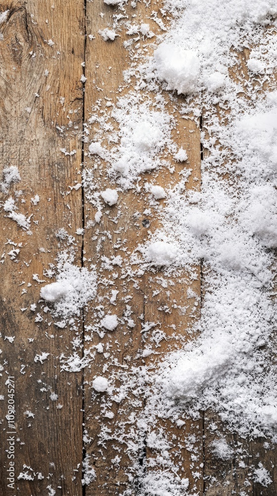 Obraz premium Winter snow on a rustic wooden surface