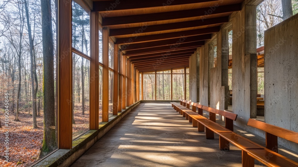 A serene interior space with wooden beams and benches, surrounded by nature. A serene interior space with wooden beams and benches, surrounded by nature.