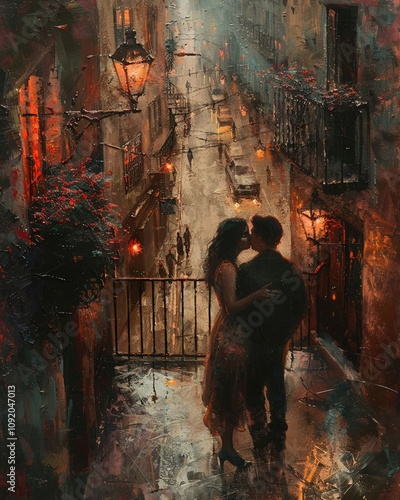 In a crowded street, the subject in action, discreetly captures a couple sharing a tender moment Painting style image with Rembrandt lighting photo