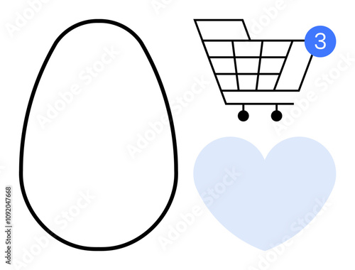 Shopping cart with three product notifications, light blue heart shape, and bean shape. Ideal for e-commerce, online shopping, notifications, love, favorites grocery UI design. Line metaphor
