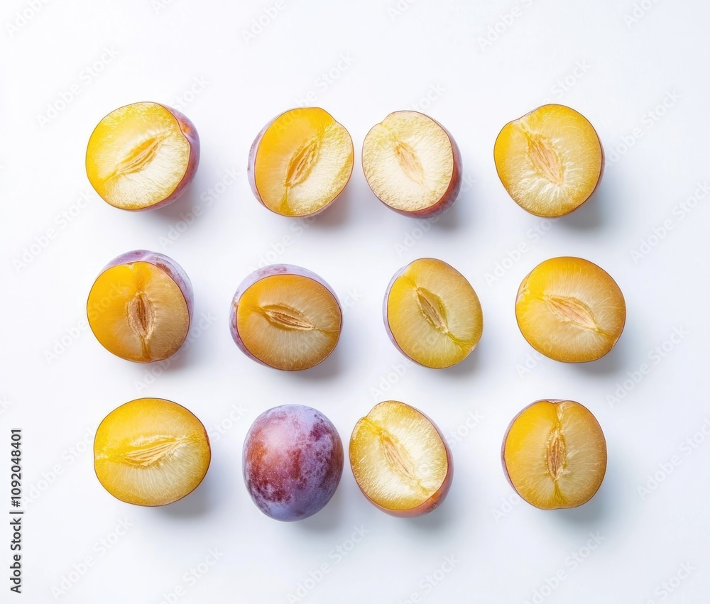 A visually appealing arrangement of halved plums showcasing their vibrant colors. A visually appealing arrangement of halved plums showcasing their vibrant colors.