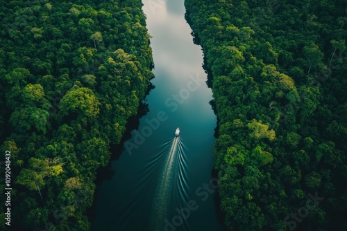 A winding river flowing through the Amazon rainforest, with a small boat navigating the waters and dense jungle stretching as far as the eye can see