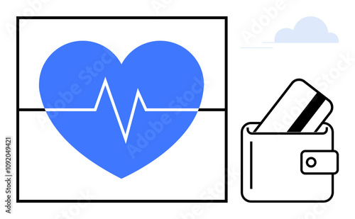 Blue heart with pulse line next to wallet holding a credit card, emphasizing health and financial stability. Ideal for healthcare, finance, insurance, wellness, personal finance, fintech