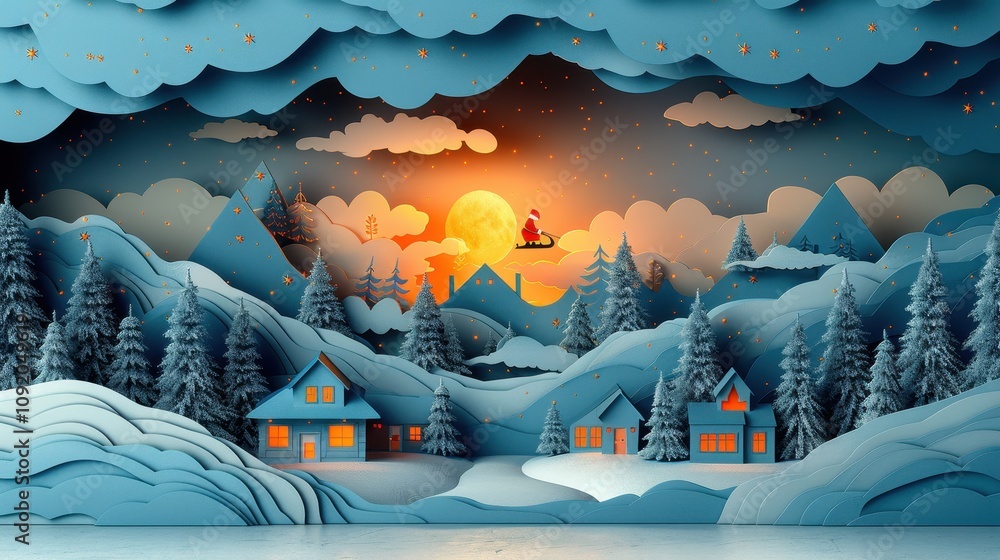 Fototapeta premium Santa Claus Soaring Over a Papercut Winter Village