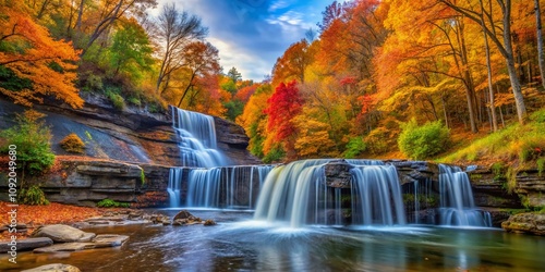 Captivating Landscape of Clifty Falls in Autumn: A Vibrant Display of Nature's Beauty and Serenity with Cascading Waterfalls and Rich Foliage Framing the Scenic View