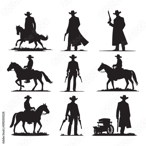 Set of cowbow silhouette on white background