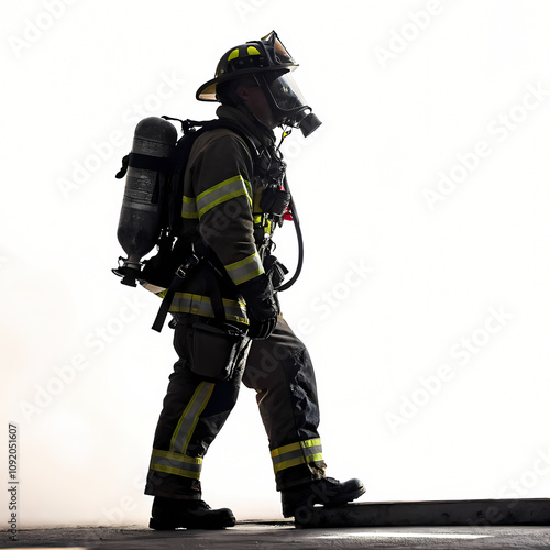 This image portrays a firefighter in full protective gear, likely at the scene of a fire, emphasizing their bravery and dedication.