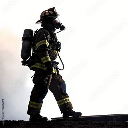 This image portrays a firefighter in full protective gear, likely at the scene of a fire, emphasizing their bravery and dedication.