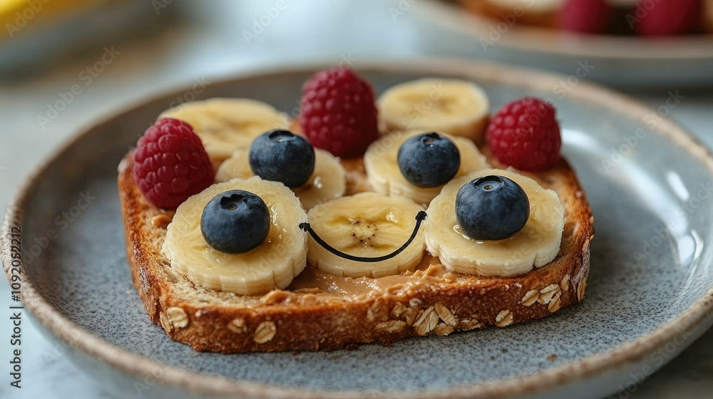 A cheerful slice of toast topped with banana, berries, and a smiley face made from fruit. A cheerful slice of toast topped with banana, berries, and a smiley face made from fruit.