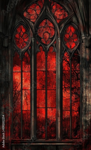 Gothic window with red stained glass design. photo