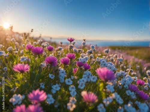 A picturesque meadow ablaze with colorful blooms stretches towards a vibrant sky